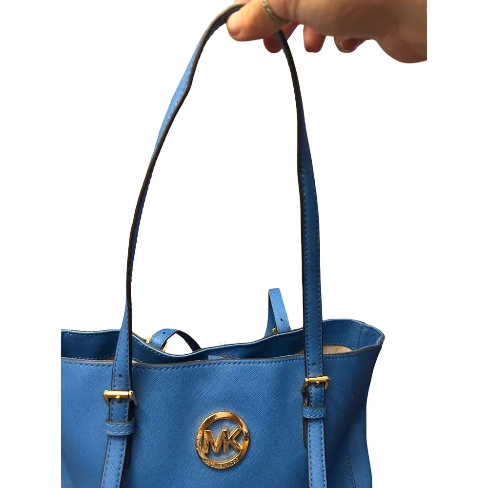 Michael Kors Jet Set Travel Tote Blue Saffiano Leather Gold Hardware Handbag